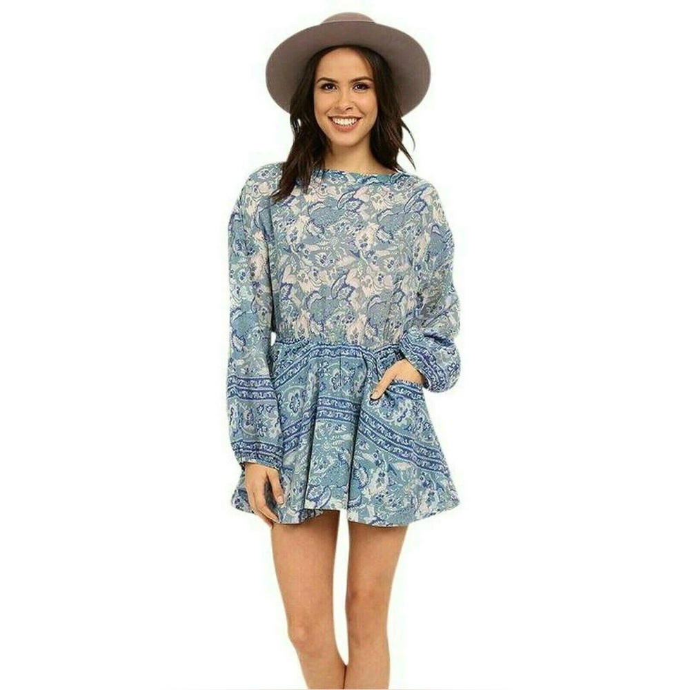 Free People Silver Sun Printed Dress Blue Bohemian Back Cutout, size S